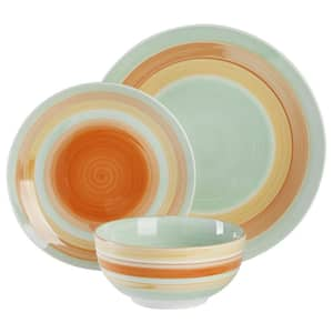 12-Piece Assorted Colors Fine Ceramic Vintage Stripe Dinnerware Set