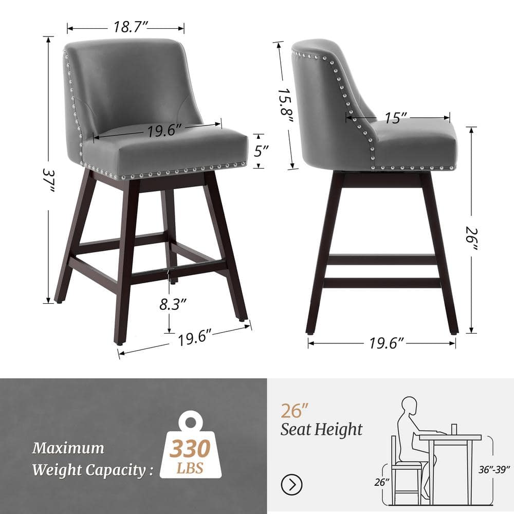26'' Dark Gray Faux Leather Swivel Counter Stools with Wood Legs, Set of 3