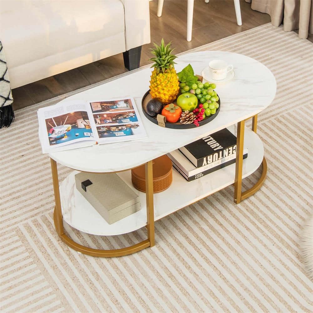 Costway 39 in. White Oval Marble Coffee Table Modern 2-Tier Center