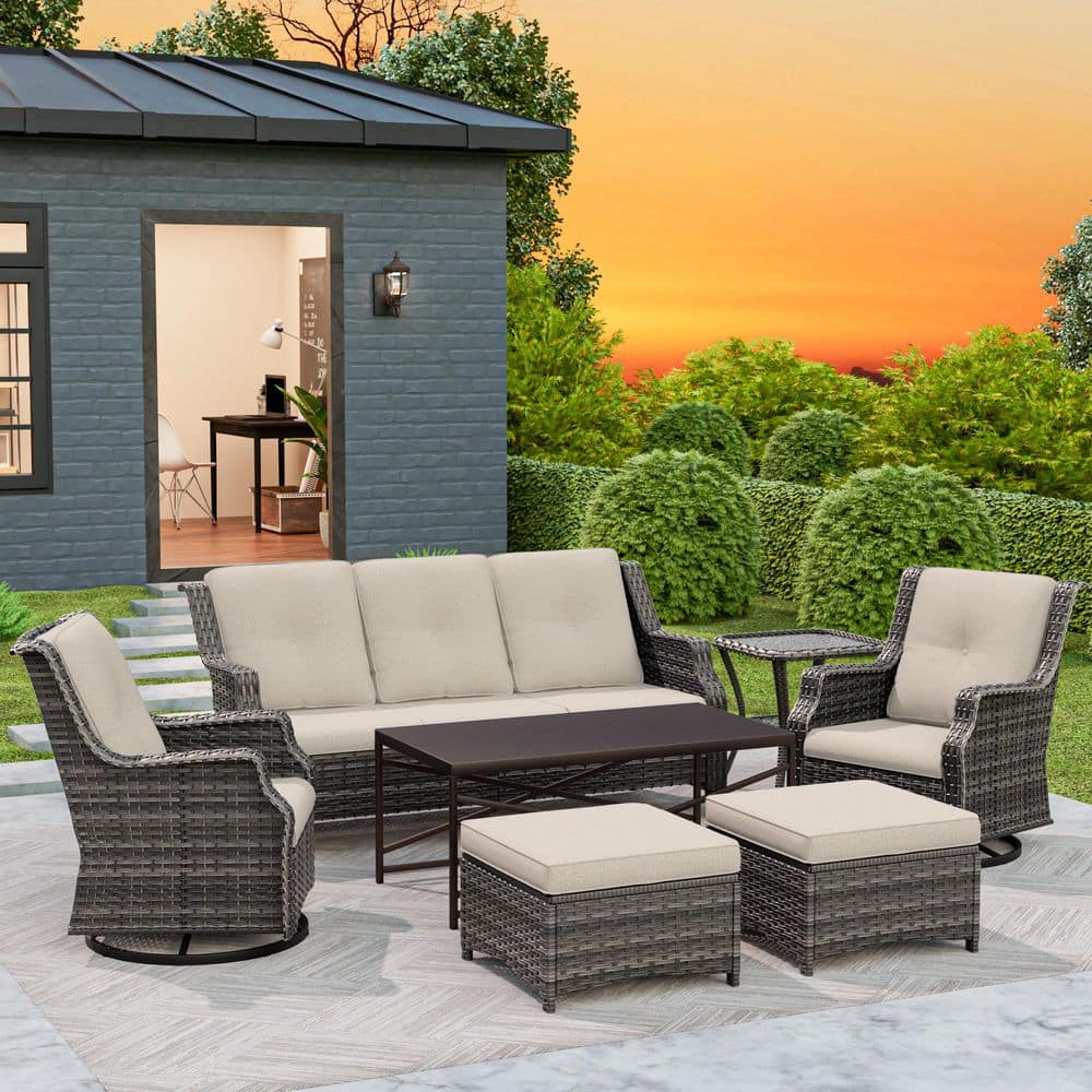 7-Piece Wicker Outdoor Patio Conversation Set Swivel Chairs Set with Metal Coffee and Beige Cushions price history on PriceWatchPro