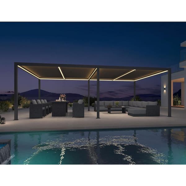 14 ft. x 24 ft. Gray Aluminum Frame Outdoor Louvered Pergola Gazebo with Adjustable Sunshade Roof and LED Strip Lights