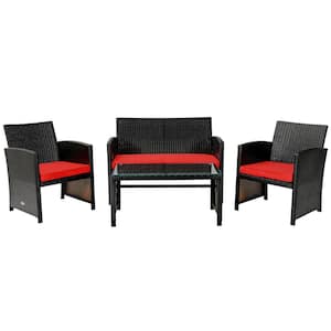 4-Piece Wicker Rattan Patio Conversation Set with Red Cushions and Glass Table Top