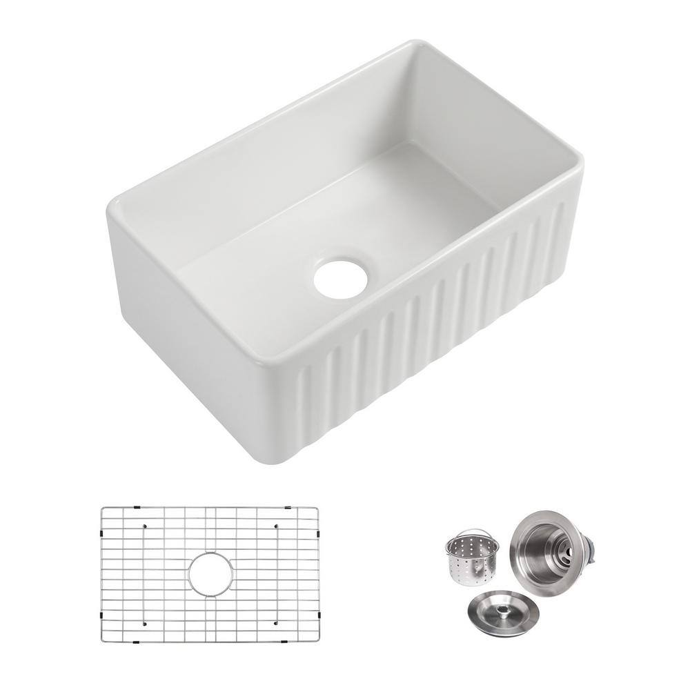 33 in. Farmhouse Single Bowl 18 Gauge White Fireclay Kitchen Sink High-Glos