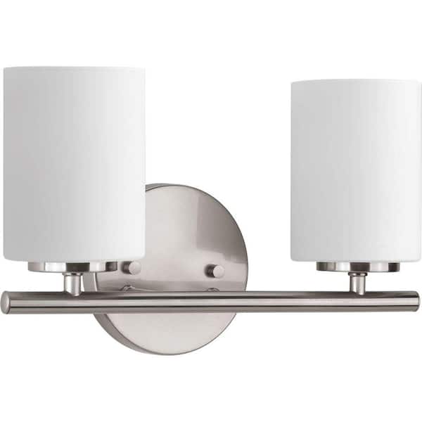 Progress Lighting Replay Collection 13 in. 2-Light Brushed Nickel Etched White Glass Modern Bathroom Vanity Light