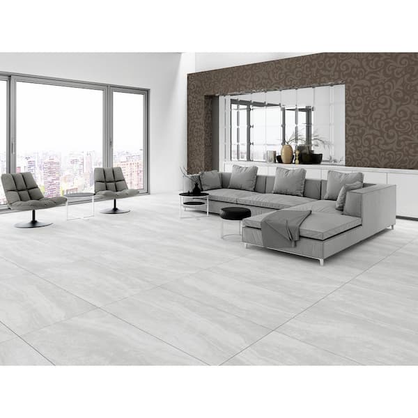 Pavia Gray 24 in. x 48 in. Polished Porcelain Stone Look Floor and Wall Tile (16 sq. ft./Case)