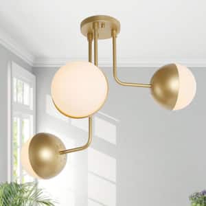 23.5 in. Gold Modern Geometric Semi-Flush Mount Light with Globe Frosted Glass Shade for Kitchen, Living Room, Bedroom