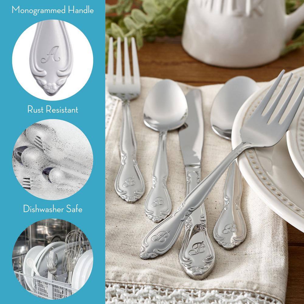 RiverRidge Home RiverRidge Rose Flatware 46-Piece Monogrammed Stainless Steel Silverware Set for 8