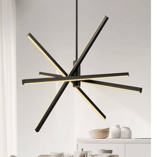 27.76 in Matte Black LED Chandelier with 3-Stage Color Temperature For Livingroom Adjustable Hanging Height