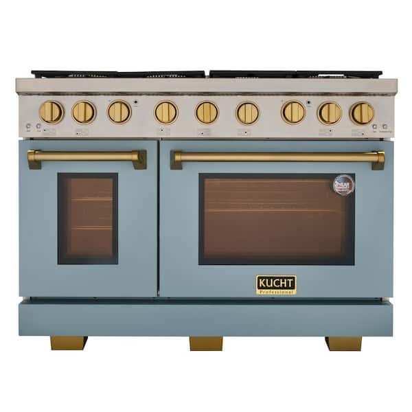 48 in. 6.7 cu. ft. Propane Gas Range 2 Ovens- 7 Burners in Light Blue with Gold Knobs