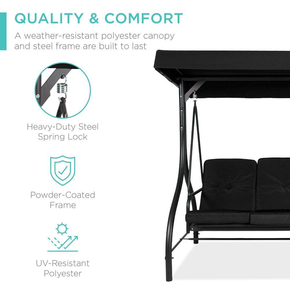 Black Steel 3-Seat Outdoor Canopy Swing Glider with Cushions