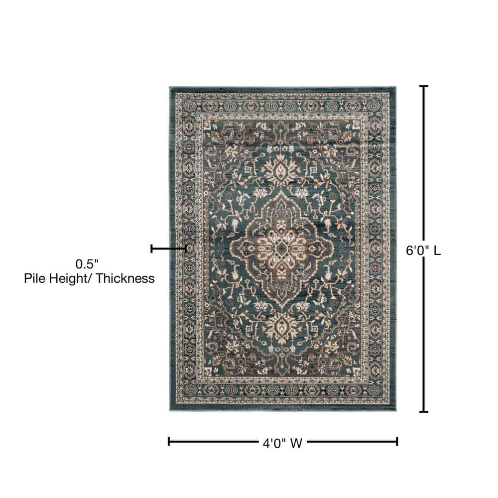 Teal and Grey Traditional Floral 4' x 6' Area Rug