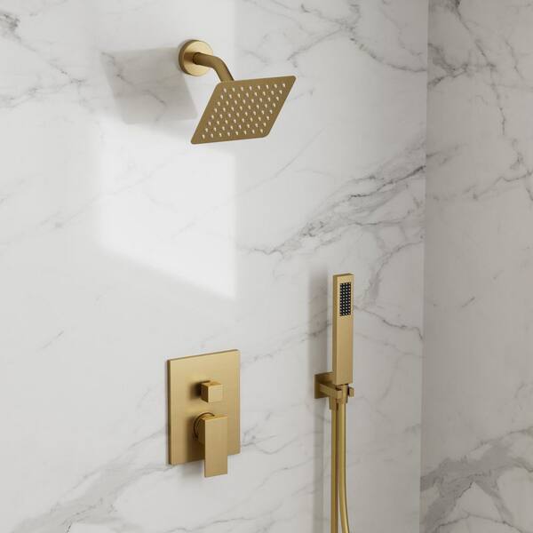 GRANDJOY 6 in. Wall Mount Square 1-Handle 2-Spray Dual Fixed and
