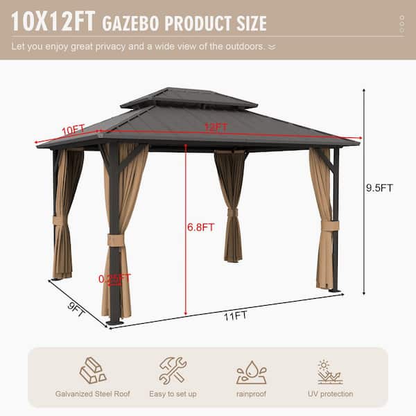 10 ft. x 12 ft. Aluminum Hardtop Gazebo with Double Galvanized Steel Roof, Netting and Curtains for Patio and Backyard
