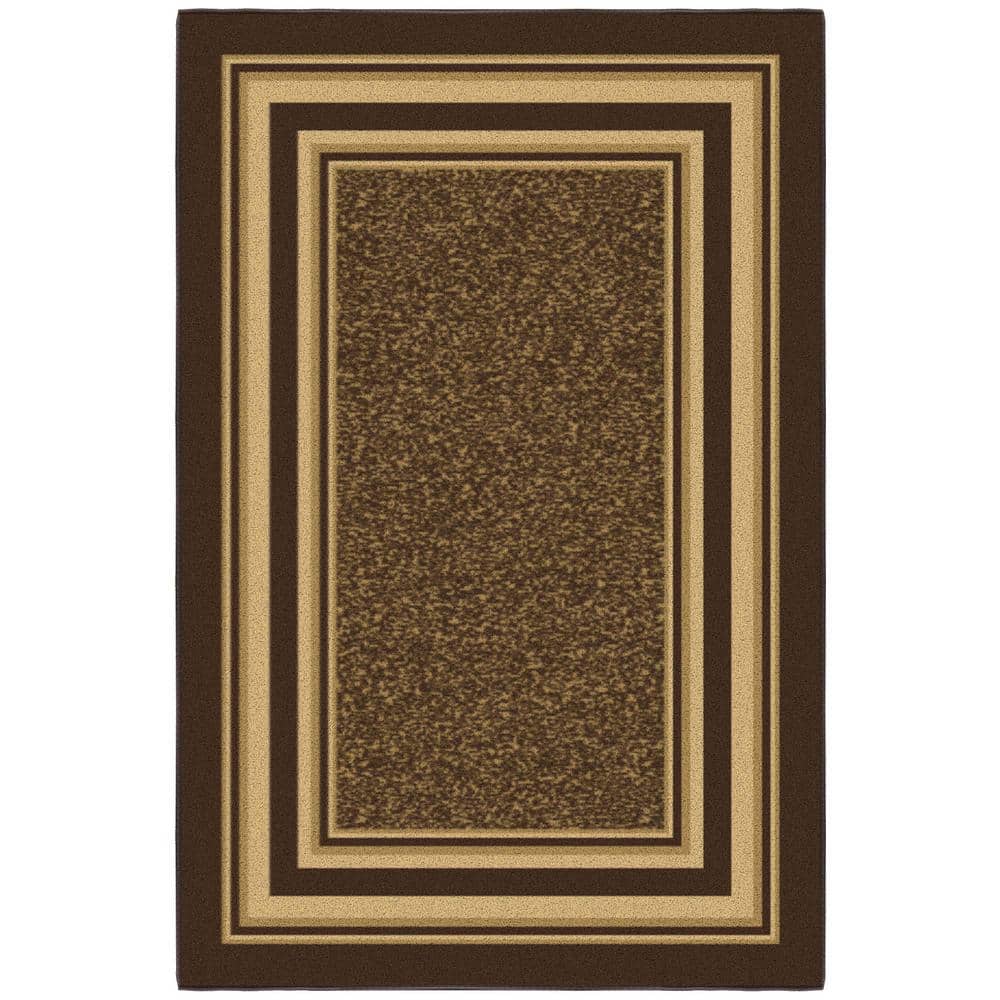Brown and Beige Bordered Non-Slip Synthetic Area Rug