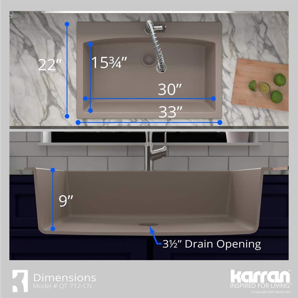 Concrete Quartz Composite Single Bowl Kitchen Sink, 33'' x 22''