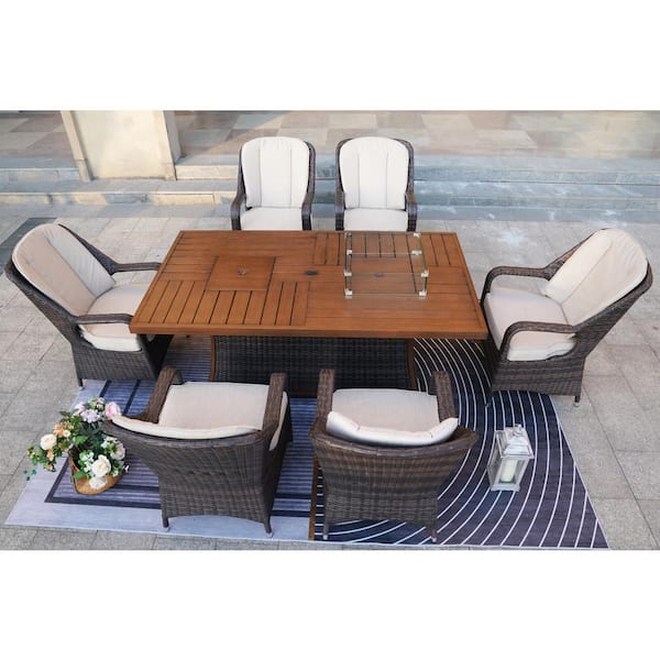 moda furnishings Fire and Ice Brown 7-Pieces Wicker Patio Conversation Fire Pit Table Set with Beige Cushions and ice bucket