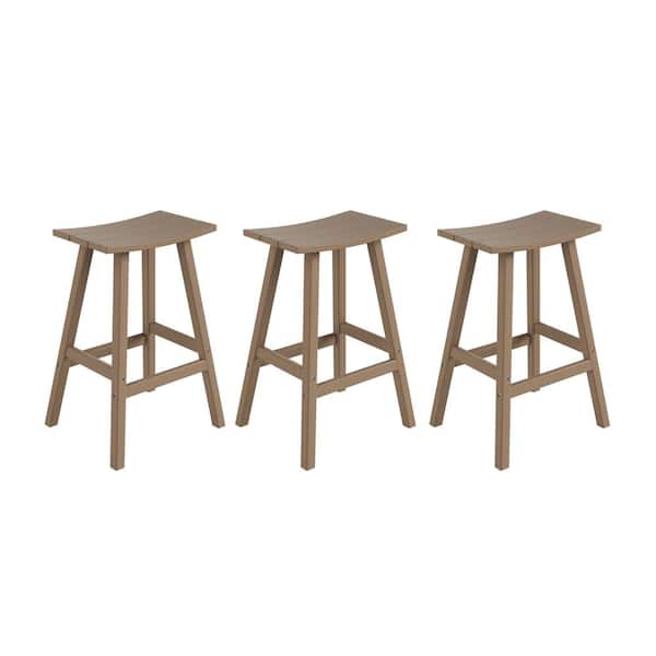 WESTIN OUTDOOR Franklin Weathered Wood 29 in. Poly HDPE Fade Resistant Outdoor Patio Saddle Seat Pub Height Bar Stool (Set of 3)