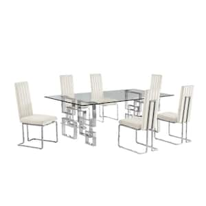 Dominga 7-Piece Rectangular 95 in. L Glass Top With Stainless Steel Base Dining Set With 6 Cream Velvet Fabric Chair