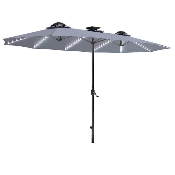 15 ft. Outdoor Large Double Market Patio Umbrella with Solar Lights, LED Lights and Crank Handle in Grey