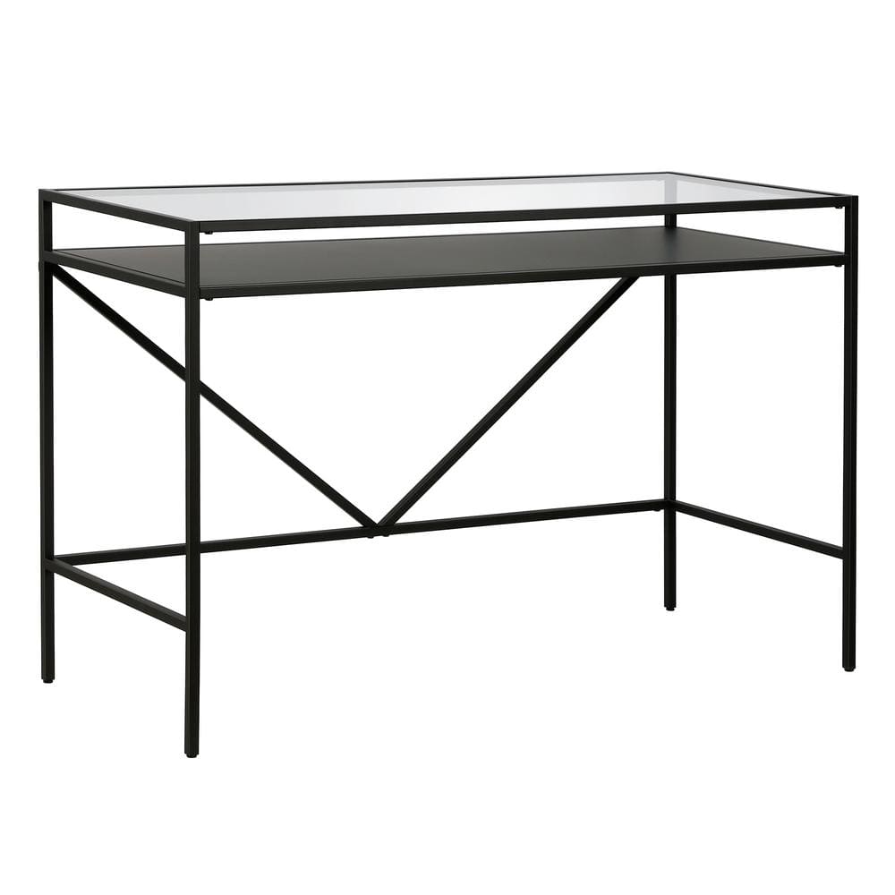 Sleek Blackened Bronze Desk with Tempered Glass Top and Metal Shelf