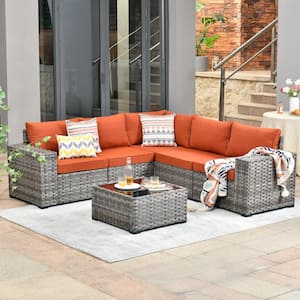 Tahoe Gray 6-Piece Wicker Extra-Wide Arm Outdoor Patio Conversation Sofa Set with Orange Red Cushions