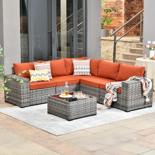 HOOOWOOO Tahoe Gray 6-Piece Wicker Extra-Wide Arm Outdoor Patio Conversation Sofa Set with Orange Red Cushions