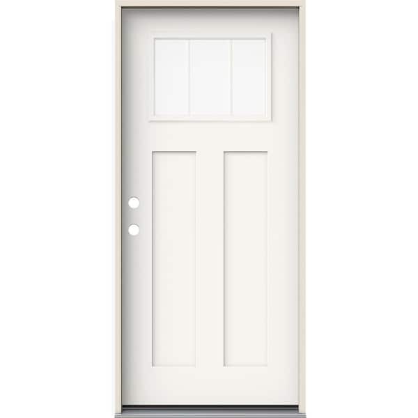 JELD-WEN 36 in. x 80 in. Right-Hand Craftsman 3 Lite Clear Glass Modern White Fiberglass Prehung Front Door