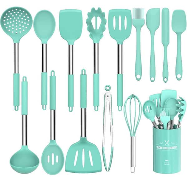15-Piece Silicone Cooking Kitchen Utensils Set, Non-Stick Kitchen Cookware with Stainless Steel Handle, Green