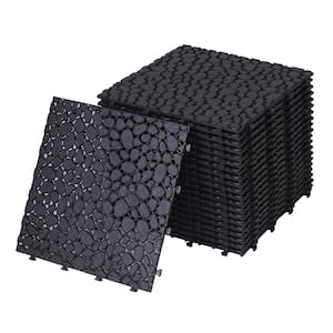 12 in. x 12 in. Black Interlocking Deck Tiles Plastic Waterproof Pebble Stone Pattern Pack of 12