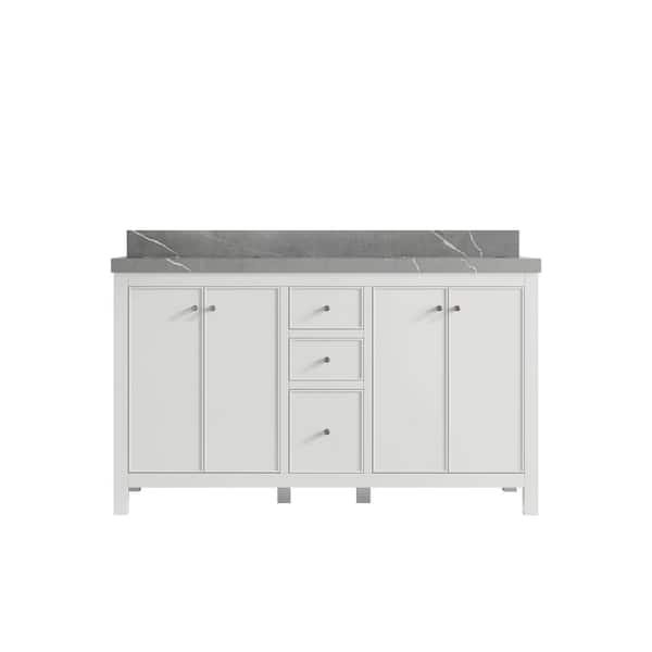 Willow Collections Chicago 60 in. Double Sink Freestanding White Bath Vanity with Piatra Gray Qt. Top Unassembled