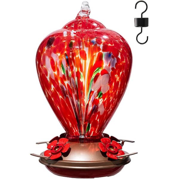 Red Floral Glass 34oz. Hanging Hummingbird Feeders for Outdoor Decor with Ant Moat