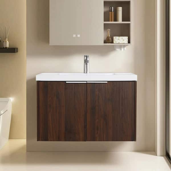 Satico 29.50 in. W x 18.10 in. D x 19.30 in. H Floating Wall-Mounted Bath Vanity in California Walnut with White Resin Top