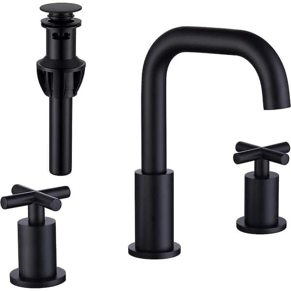 MTTCLE 8 in. Widespread Double Handle Mid Arc Bathroom Faucet with Drain in Matte Black (1-Pack)