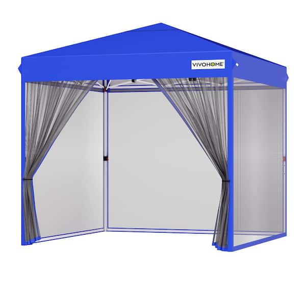 VIVOHOME 8 ft. x 8 ft. Steel Outdoor Easy Pop-Up Canopy with Mosquito Netting and Roller Bag in Blue