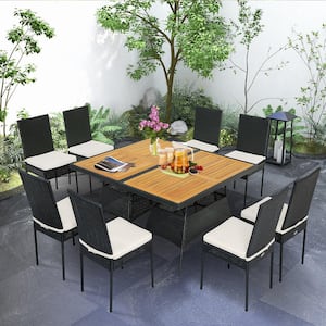 10-Piece Rattan Patio Dining Wicker Set Cushioned Outdoor Dining Furniture Set with Off White Cushions Wooden Tabletop