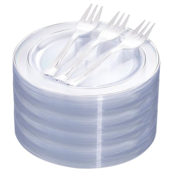 Clear Silver Rim Disposable Dessert Salad Plates with Plastic Forks Elegant Party Wedding (Set of 240)