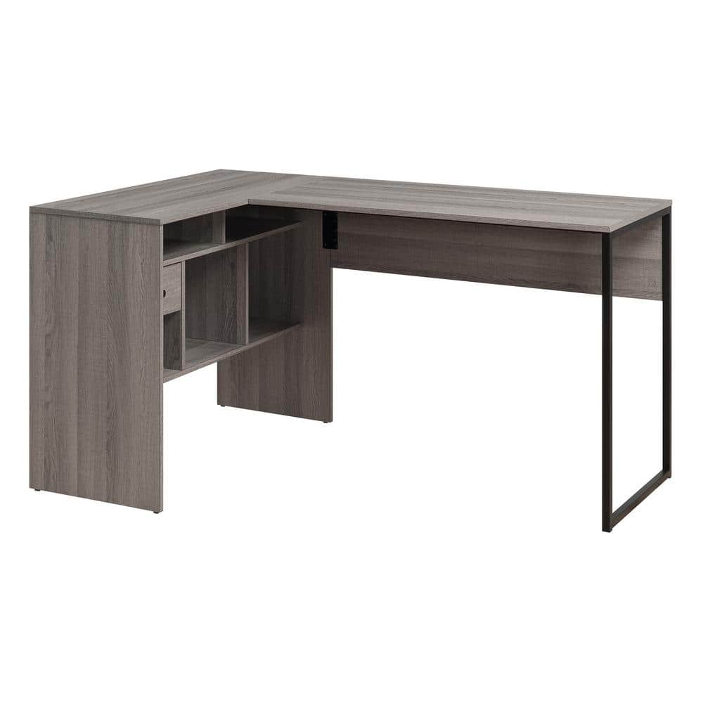 Gray Corner Wood Desk with Drawer and Storage Shelf