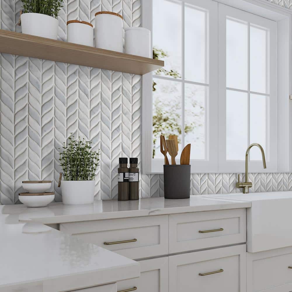 White Calacatta Recycled Glass Leaf Mosaic Tile