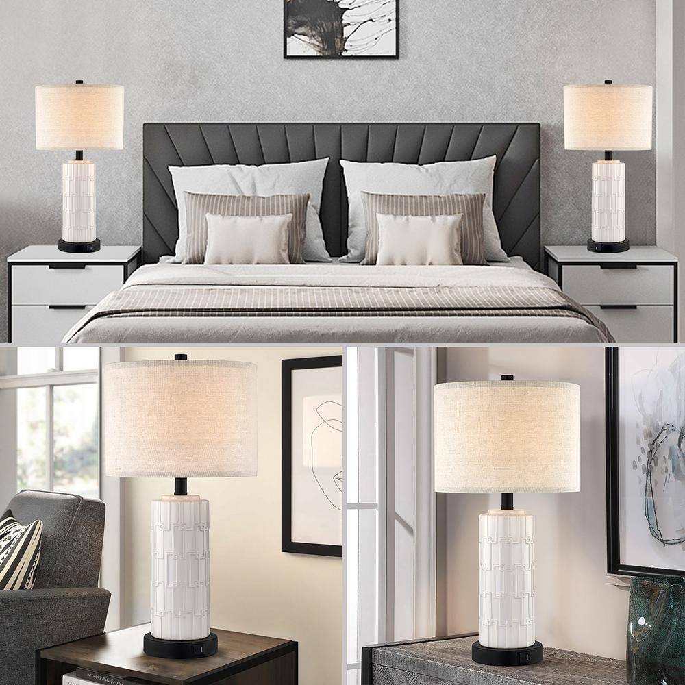 White Ceramic Table Lamp Set with USB Port and Linen Shade