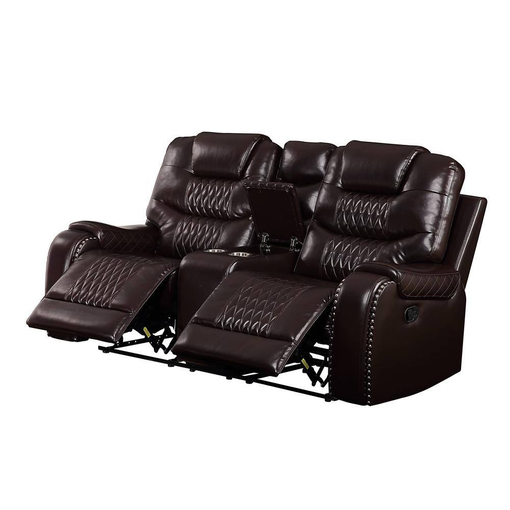 78" Brown Tufted Faux Leather Loveseat with Cup Holders
