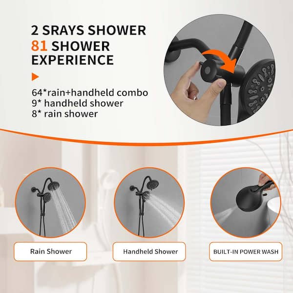 OUGOO Retrofit 2-Way Shower Head Combo – 8-Function Rainfall + 9-Setting Handheld, Adjustable Slide Bar, 2.5 GPM, Drill-Free, Black