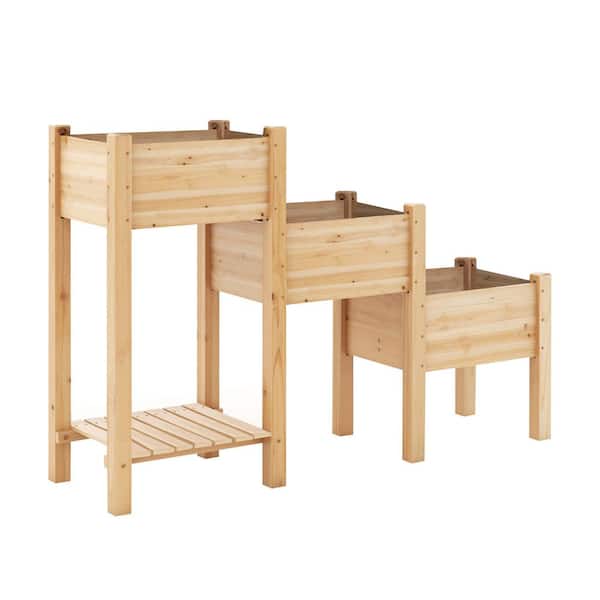 ANGELES HOME 64 in. x 17 in. x 41 in. 3-Tier Brown Wood Raised Garden Bed with Open Storage Shelf