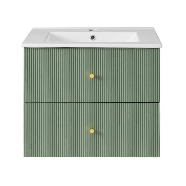 24 in. Single Sink Wall Mounted Green Bath Vanity with White Ceramic Top and 2-Drawers