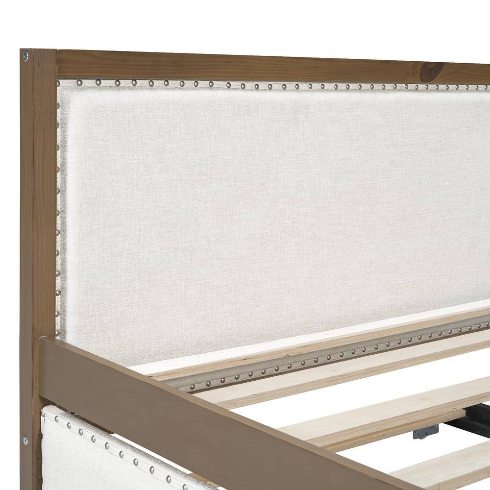 Full Size Beige Linen Upholstered Daybed with Trundle and Nailhead Trim