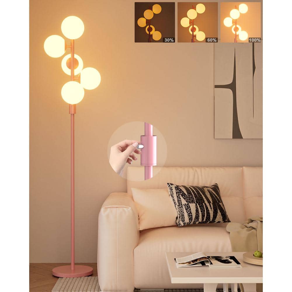 64 in. Pink Globe 5-Lights Dimmable Standard Modern Floor Lamp For Living R