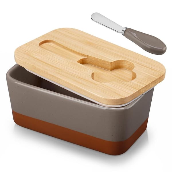 Ceramic Butter Dish with Knife and Bamboo Lid for Countertop, Keep Butter Fresh and Spreadable, Brown