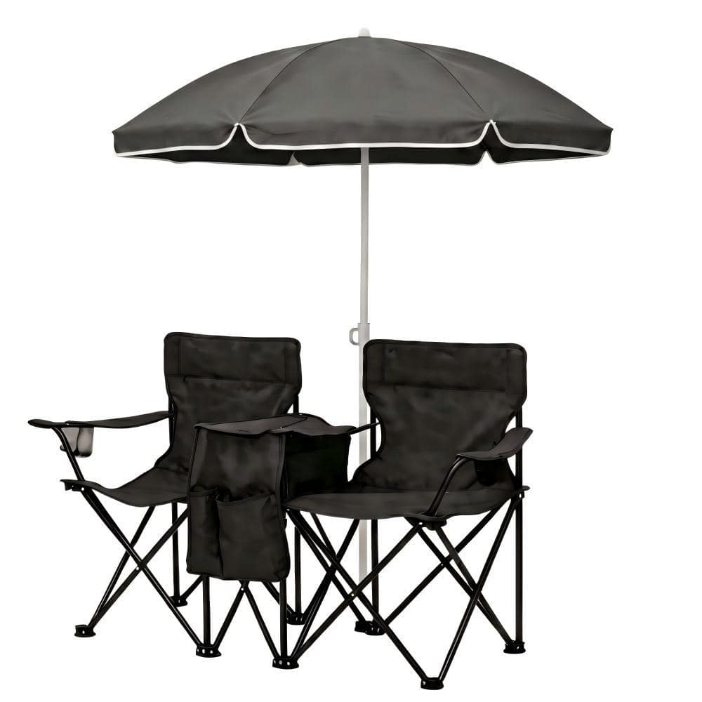 3-Piece Fabric Outdoor Portable Double Folding Beach Chair Set with Cup Holders, Serving Bar Set and Umbrella in Black price history on PriceWatchPro