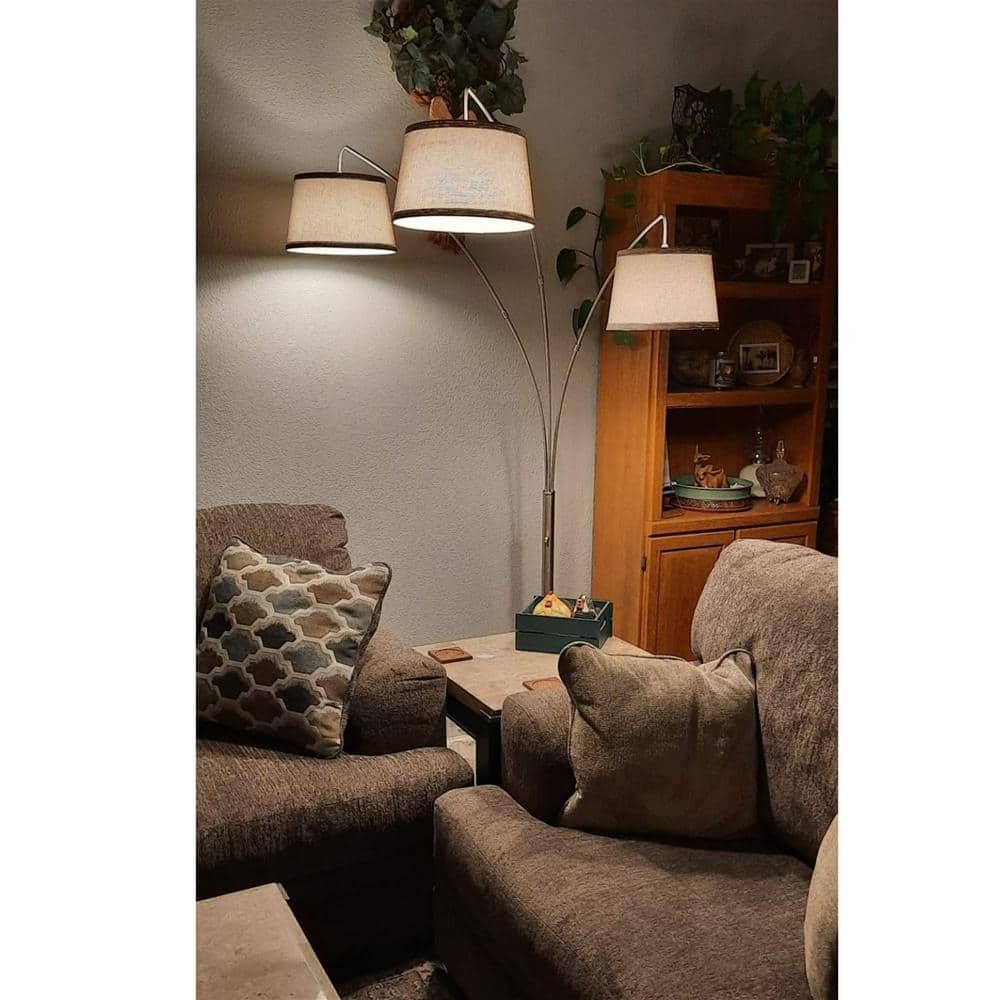 Elegance Arc 3-Light Floor Lamp with Gray Burlap Shades and Brushed Nickel Finish