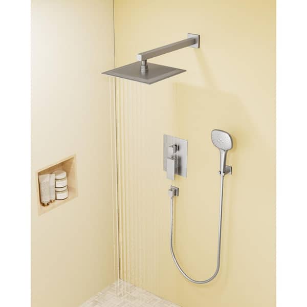YAWWALK Double Handle 3-Spray 10 in. Wall Mount Shower Faucet with High Pressure in Brushed Nickel (Valve Included)