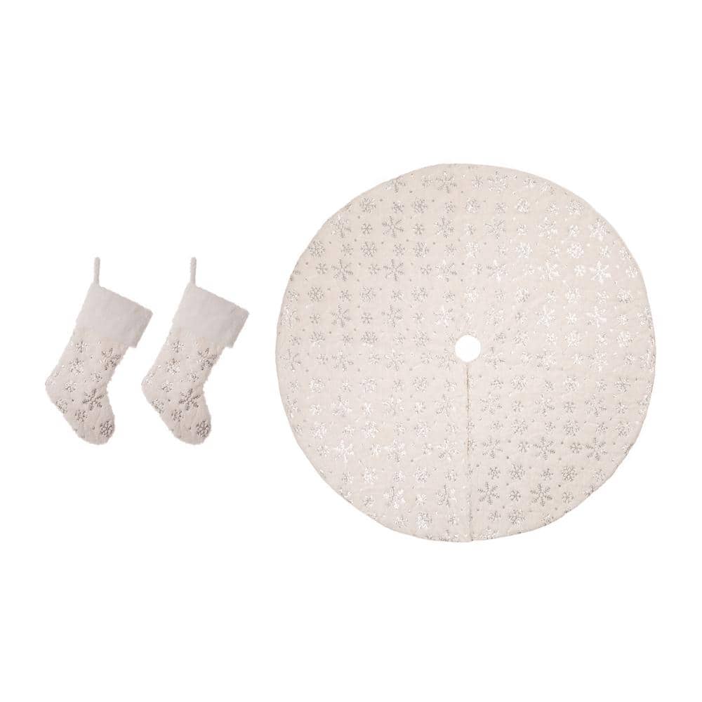 48 in. D Christmas Tree Skirt and 2-Pack Stocking White Plush with Snowflak